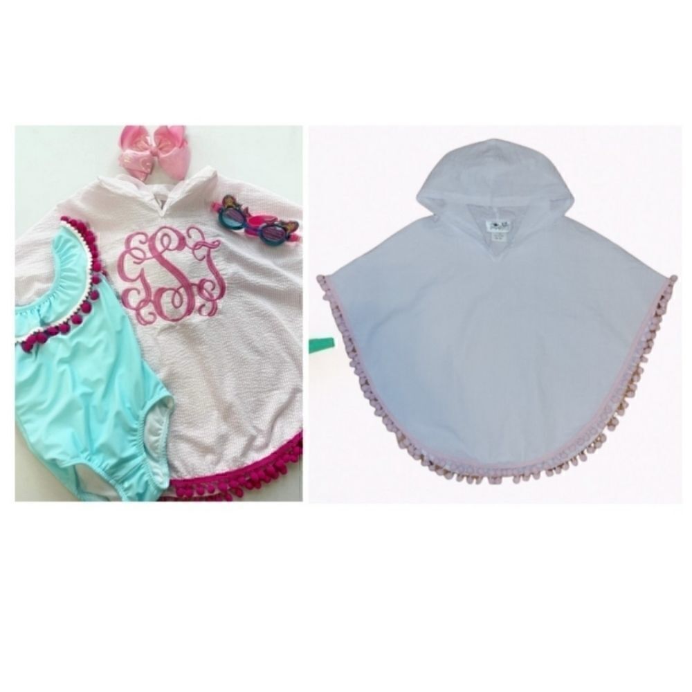 NWOT Boutique Monogramable White Seersucker Pink Pom Poms Poncho/Cover Up 18M